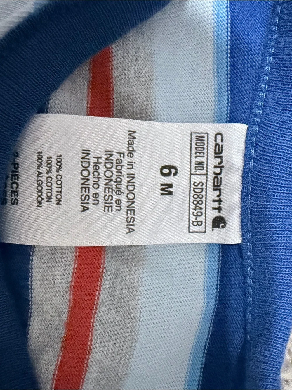 Carhartt Blue Baby Tee with Red and Light Gray Stripes